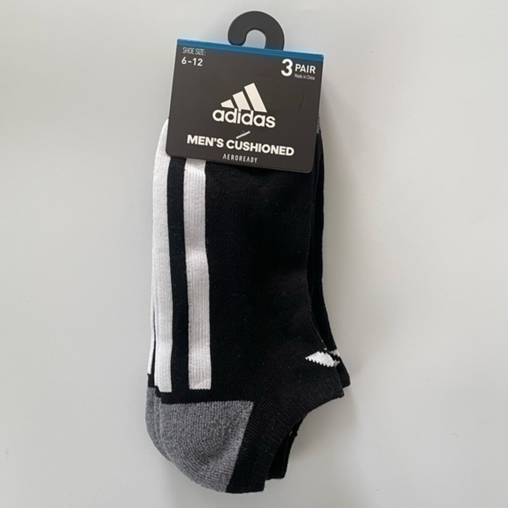 Adidas men’s no show cushioned socks 3 pairs size 6-12 black white gray
